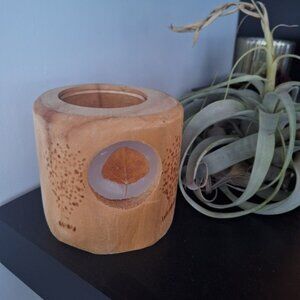 Wooden Candle Holder Leaf Fall Rustic Tree Cabin Cottage Country Wax 5 Inch Tall